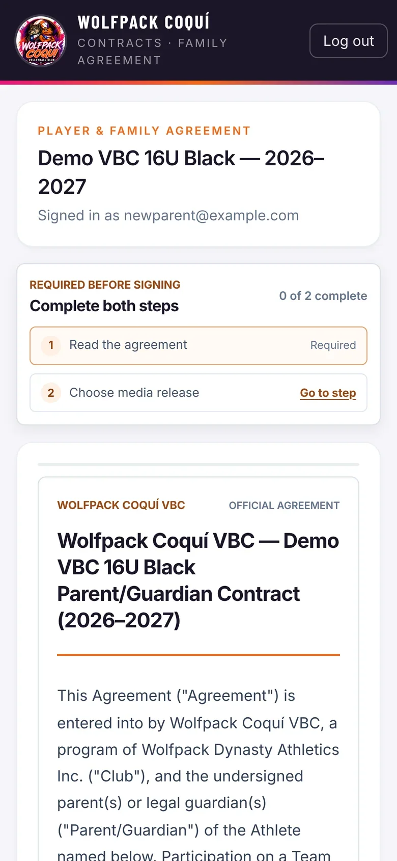 Parent agreement with required reading step before signing
